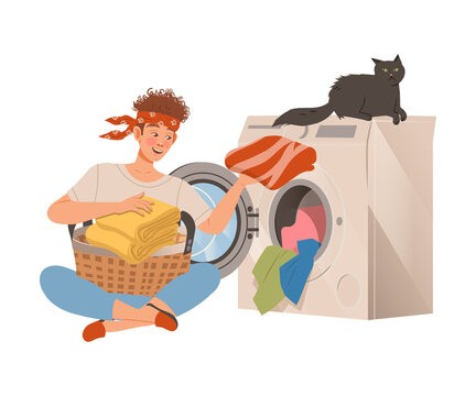 Man loading laundry into washing machine. Househusband at everyday routine cartoon vector illustration