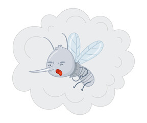 Cute mosquito flying in cloud of insecticidal spray. Adorable parasitic insect funny character cartoon vector illustration