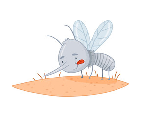 Cute mosquito sitting on human skin. Adorable parasitic insect funny character cartoon vector illustration