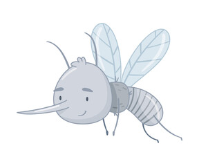Cute funny flying mosquito. Adorable parasitic insect character cartoon vector illustration