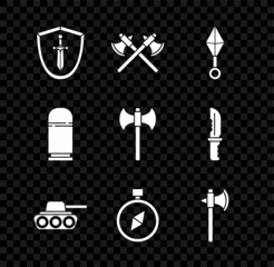 Set Medieval shield with sword, Crossed medieval axes, Japanese ninja shuriken, Military tank, Compass, Cartridges and icon. Vector