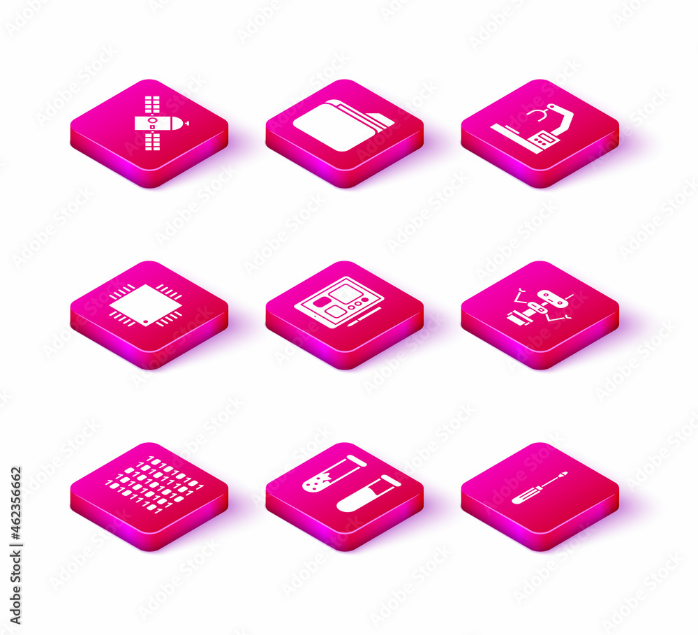 Poster set binary code, test tube and flask, processor with microcircuits cpu, graphic tablet, screwdriver,