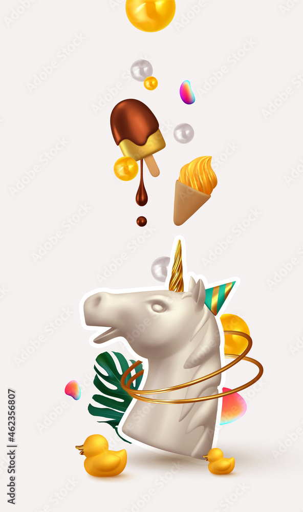Poster abstract minimal design with realistic 3d objects. white unicorn head, ice cream and palm leaves sum