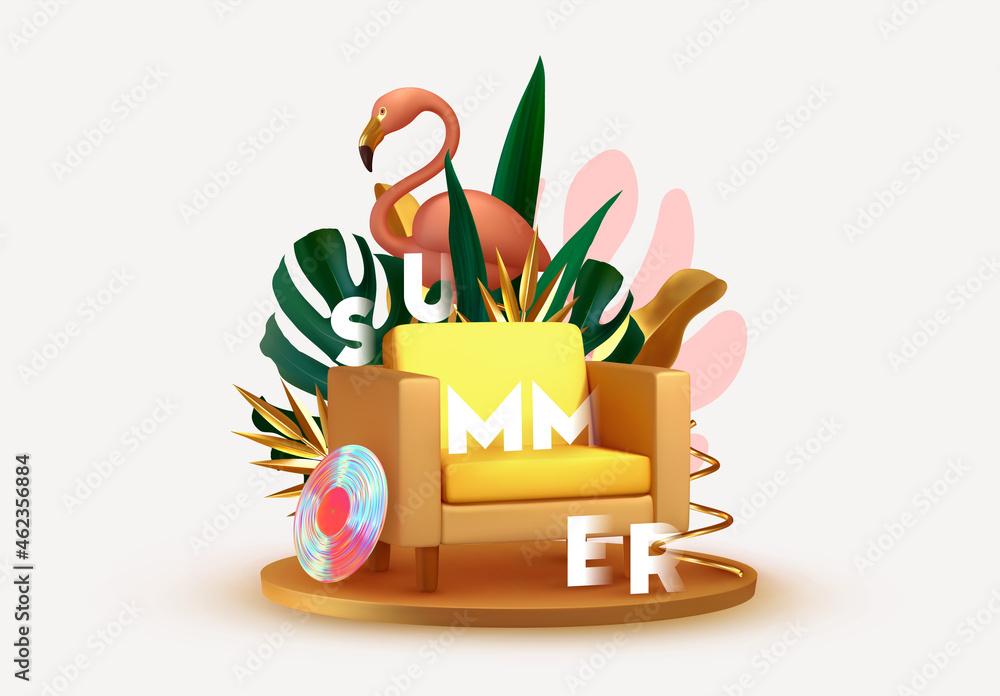 Poster summer abstract minimal design with realistic 3d objects. round gold podium with empty chair, green 