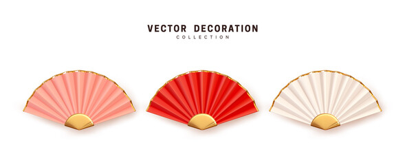 Chinese and Japanese traditional fan paper and bamboo realistic 3d design, collection in three colors pink, white and red. Set is isolated on white background. Vector illustration - obrazy, fototapety, plakaty