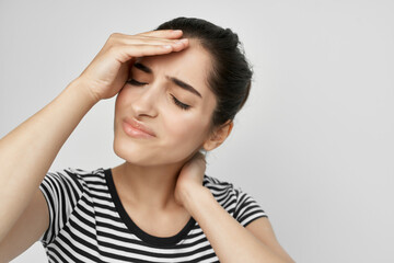 sick woman headache painful syndrome discomfort light background