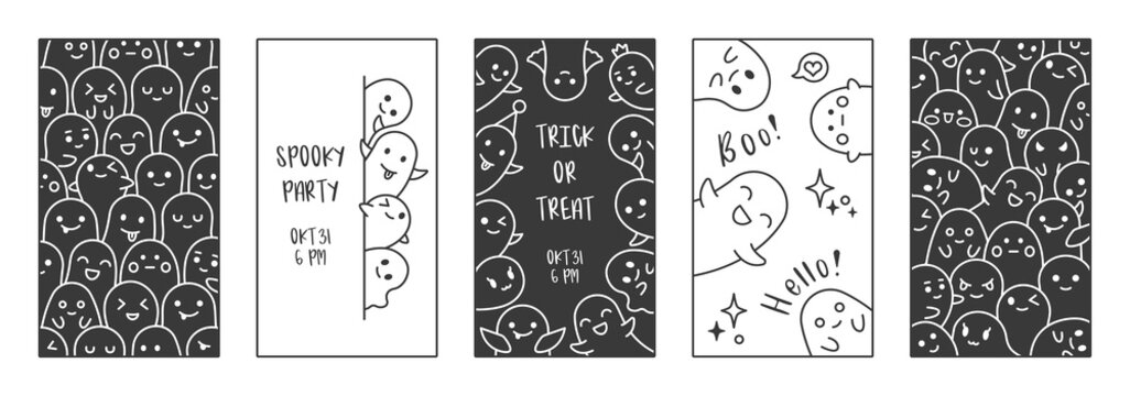 Halloween Ghost Design. Vector Set Of Social Media Story Template With Copy Space