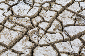 Dry soil with many cracks. With a thin layer of snow. Symbol for drought, lack of water, thirst.