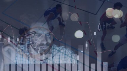 Animation of financial data processing over diverse group of male basketball players at gym - Powered by Adobe