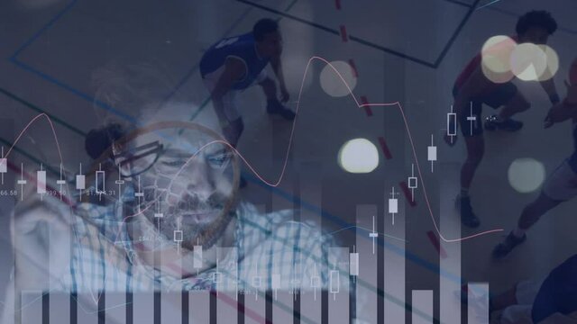 Animation of financial data processing over diverse group of male basketball players at gym - Powered by Adobe