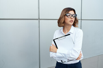 Businesswoman outside official job success work isolated background
