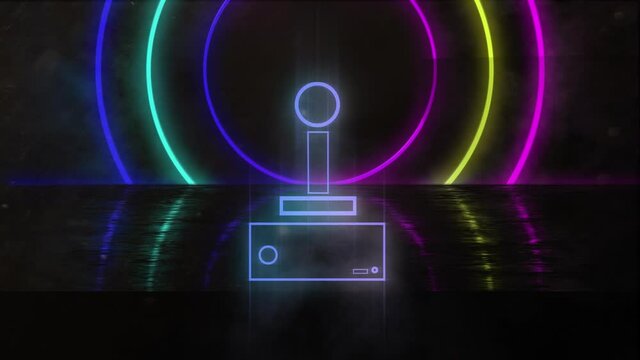 Animation of joystick over neon shapes on black background