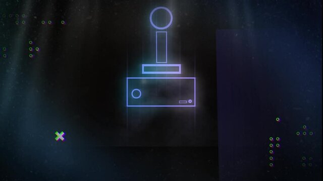 Animation of joystick over neon shapes on black background