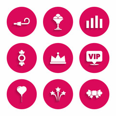 Set Crown, Firework, Bow tie, Location Vip, Balloon in form of heart, Candy, Music equalizer and Birthday party horn icon. Vector