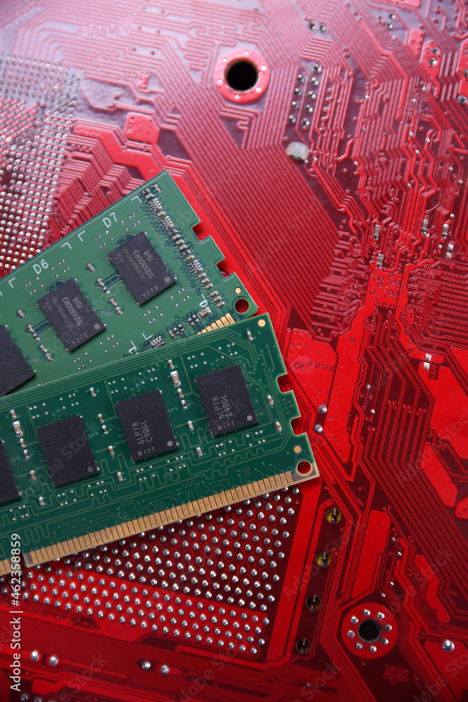 Poster Computer memory RAM on motherboard background . Close up. system, main memory, random access memory, onboard, computer detail. Computer components . DDR3. DDR4. DDR5
