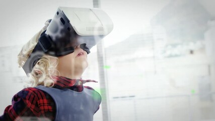 Animation of data processing and social media icons over caucasian boy wearing vr headset - Powered by Adobe