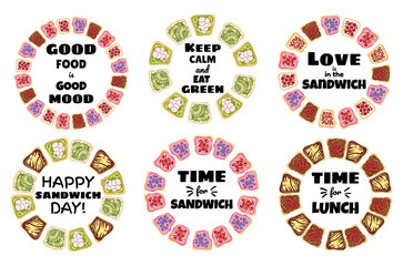 Collection of sandwich poster wreaths. Toast bread sandwiches healthy poster. Breakfast or lunch vegan food. Stock vegetarian food print
