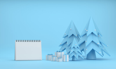 Christmas tree, snow, calendar, and gift boxes at the christmas festival on a blue background.