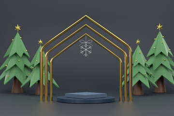 A circular podium near a ring with stars, photo frame, Christmas tree.
