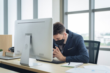Fototapeta premium Adult business man in formal suit outfit get fired from work in pandemic covid-19 effect in modern office workplace background.