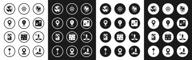 Set Earth globe, Location, with house, Magnifying glass, Route location, Wind rose, and monument and City map navigation icon. Vector