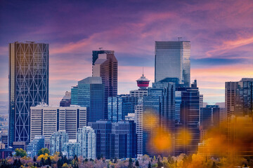 Calgary downtown skyline of buildings during the sunset - obrazy, fototapety, plakaty