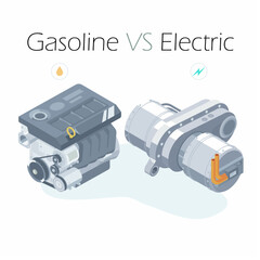 ev motor vs engine electric power and gasoline power isometric - obrazy, fototapety, plakaty