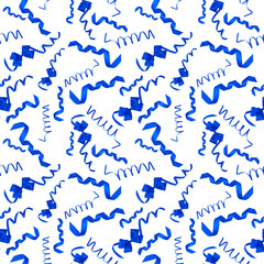 Christmas seamless pattern. Blue satin ribbons and bows isolated on white. Winter holiday background.