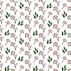 Seamless pattern with green holly leaves and berries. Christmas vector illustration. Winter background  for wallpaper, printing, textile, fabric, package, backdrops, cover, greeting card ets