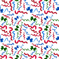 Festive ornaments seamless pattern. Red, blue, green ribbon and bow isolated on white. Winter holiday decoration. Christmas and Happy New year background.