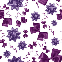 Purple and violet Christmas seamless pattern. Winter holiday festive ornament. Silk decorative ribbon and bow isolated on white. Print for wrapping paper. Happy New Year background .
