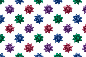 Red, blue, green, violet bow isolated on white. Christmas pattern background. Winter holiday ornaments, festive decoration, present wrapping, gift box decor.