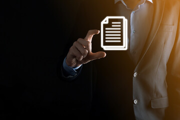 Businessman man holding a document icon in his hand Document Management Data System Business Internet Technology Concept. Corporate data management system DMS