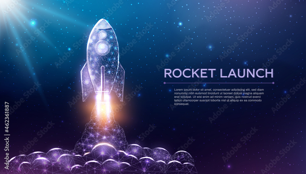 Poster rocket launch, wireframe polygonal style. internet technology network, business startup concept with