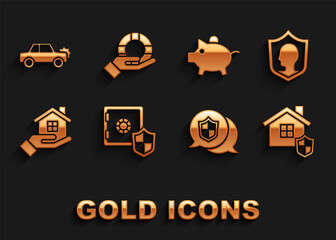 Set Safe with shield, Life insurance, House, Location, hand, Piggy bank, Car and Lifebuoy icon. Vector