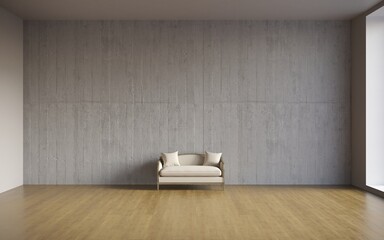 3d visualization of a large spacious modern interior with a concrete wall and a comfortable sofa with pillows, 3d render with copy space on an empty dark wall.
