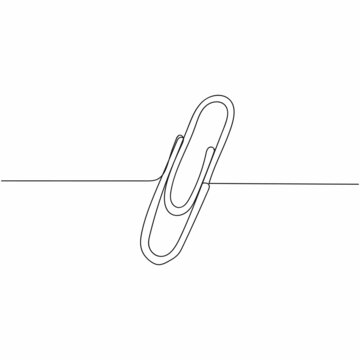 Continuous one line drawing of metal paper clip in silhouette on a white background. Linear stylized.