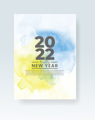 Happy new year 2022 poster or card template with watercolor wash splash 