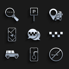 Set Taxi call telephone service, City map navigation, No Smoking, car roof, Car, Location with bus and Magnifying glass and taxi icon. Vector