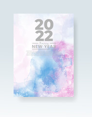 Happy new year 2022 poster or card template with watercolor wash splash 