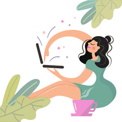 The girl is actively doing work on the laptop. Brunette in a green dress with a computer and a cup of coffee. Student studies and works at home. Vector isolated in flat style with decorative leaves