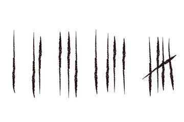 Set tally marks lines or sticks hand drawn isolated on white background. Counting waiting number on wall prison. Grunge stroke. 