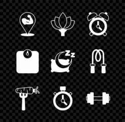 Set Bodybuilder muscle, Lotus flower, Alarm clock, Carrot on fork, Stopwatch, Dumbbell, Bathroom scales and Time sleep icon. Vector