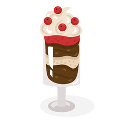 Trifle, a dessert laid out in layers in a glass glass, is decorated with whipped cream and red berries. Cute, cozy vector illustration. For a holiday card, banner, menu, coffee shop flyer.