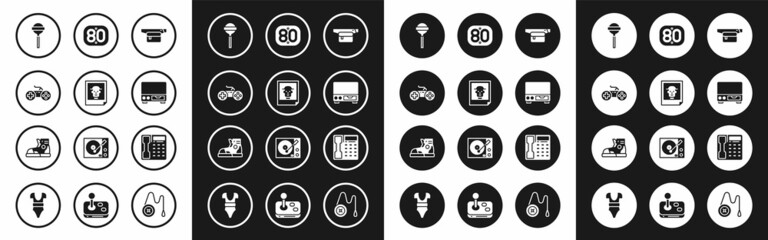 Set Waist bag of banana, Photo, Gamepad, Lollipop, Old video cassette player, 80s Retro, Telephone handset and Sport sneakers icon. Vector