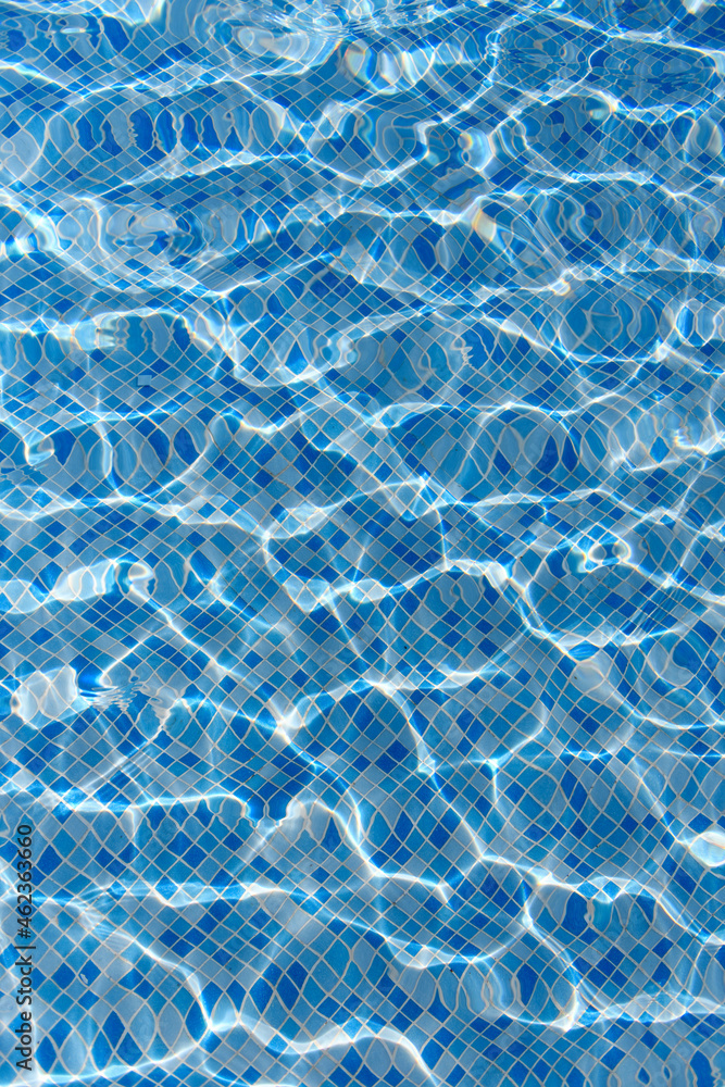 Sticker Swimming pool mosaic bottom caustics ripple like sea water and flow with waves background with sun light reflection