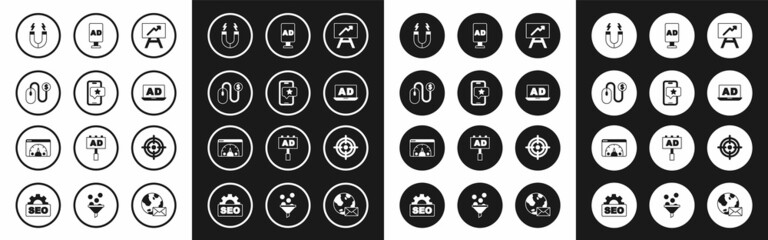 Set Board with graph chart, Mobile review rating, Advertising, Magnet, Target and Website statistic icon. Vector