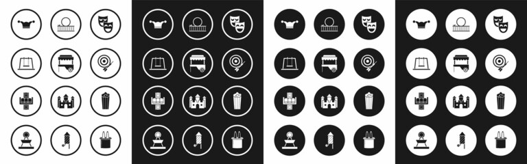 Fototapeta premium Set Comedy theatrical masks, Fast street food cart with awning, Swing, Jester hat bells, Classic dart board and arrow, Roller coaster, Popcorn cardboard box and Attraction carousel icon. Vector