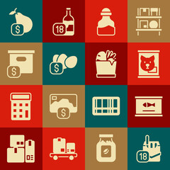 Set Cigarettes pack box, Canned fish, food, Spice in can, Price tag for egg, Carton cardboard with price, pear and Shopping bag and icon. Vector