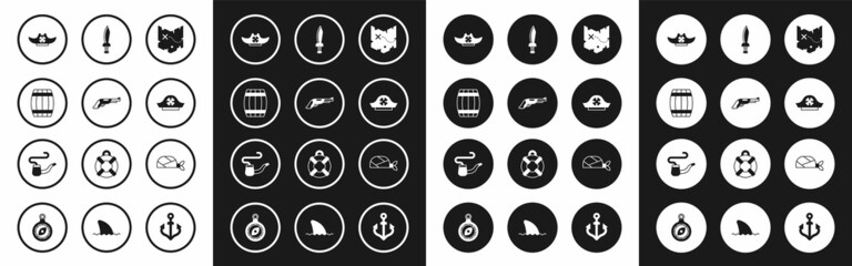 Set Pirate treasure map, Vintage pistol, Wooden barrel, hat, sword, bandana for head and Smoking pipe icon. Vector